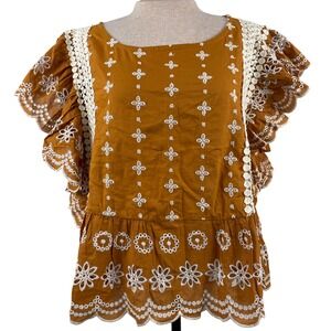 Jennifer & Grace Mustard Yellow Eyelet Embroidered Ruffle Peplum Top 1X NWT